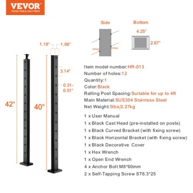 Κολόνα Κάγκελου VEVOR 42x1x2in 30° Μαύρη 1τμχ  1JZLGZHS1067HNEKBV0