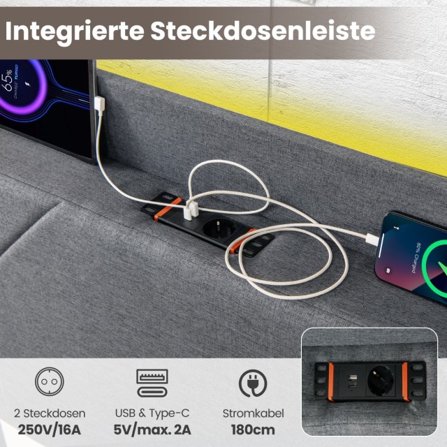 Costway  Διπλό Κρεβάτι  223 x 147 x 122 cm με LED Φωτισμό και Ενσωμ...