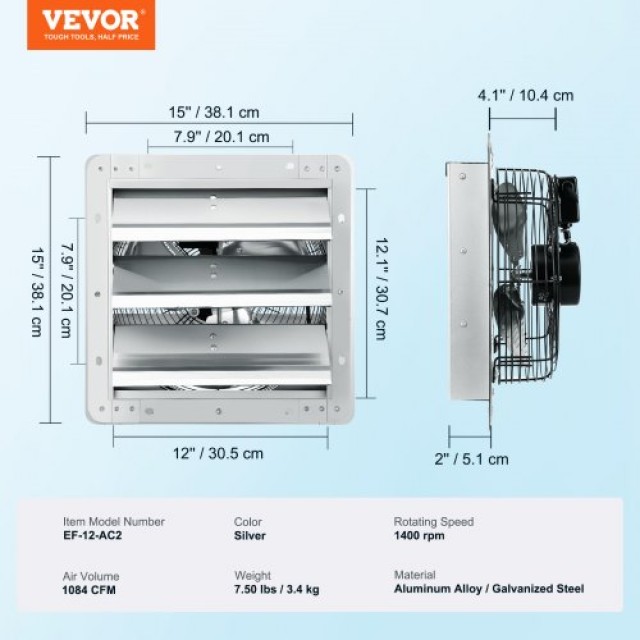 VEVOR Ανεμιστήρας Εξαερισμού Τοίχου 305 mm 1084 CFM AC  BYCSPQSDJAC12DLJSV2