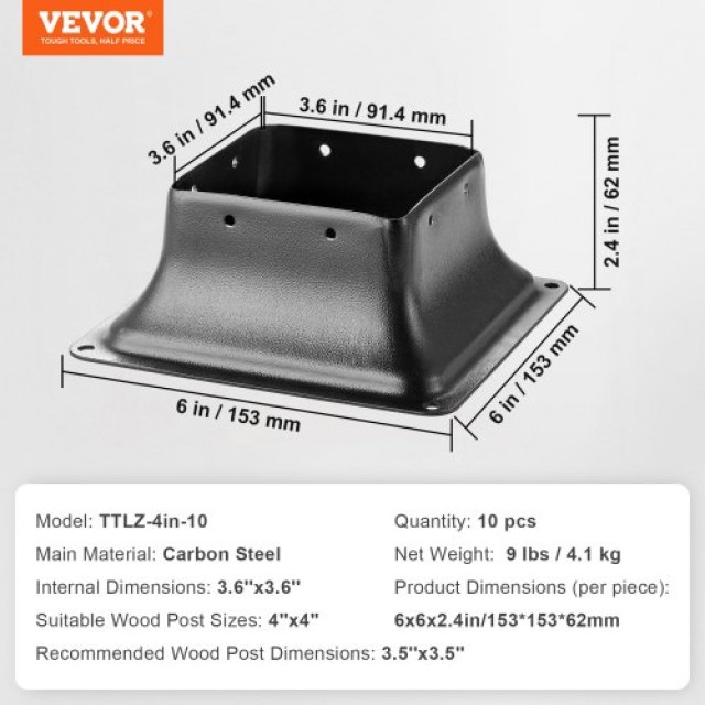 VEVOR Βάση Στύλου 101.6x101.6mm 10τμχ, Εσωτερική 91x91mm, Βαρέως Τύ...