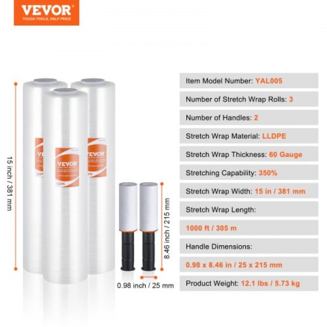 VEVOR Διάφανη Μεμβράνη Συσκευασίας 15x1000, 3 Τεμάχια  LSM15INCH100GWILRV0
