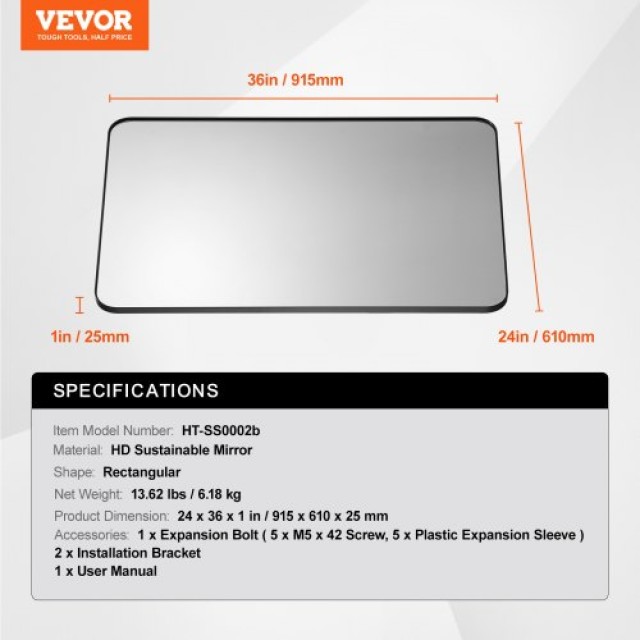 VEVOR  Τετράγωνος Καθρέφτης Τοίχου 24 x 36 με Πλαίσιο Αλουμινίου JXJ2436INCHB8O19NV0