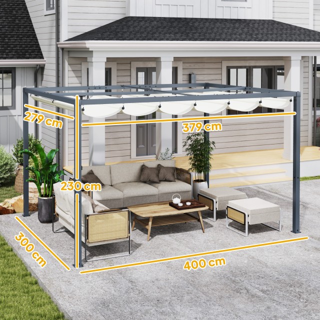 Outsunny Πέργκολα Κήπου Αναδιπλούμενη 4x3 μ με Φώτα LED και Οπές Αποστράγγισης, από Αλουμίνιο και Πολυεστέρα, Λευκό Κρεμ. 84C-557V00CW