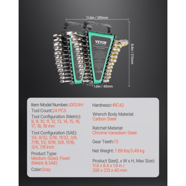 VEVOR Σετ Γερμανικών Κλειδιών 24 Τεμαχίων SAE 1/4 - 7/8 Μετρικό 8-19mm με Οργανωτική Βάση ZXBSTZGDK24PU44S3V0