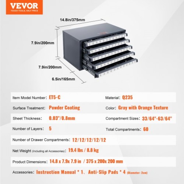 Ντουλάπι Οργάνωσης Τρυπανιών VEVOR, Πεντάσυρτο Ντουλάπι για Τρυπάνια 33/64 έως 63/64, Στοιβαζόμενο με Ετικέτες  ZTFPGJX3364D1XNGFV0