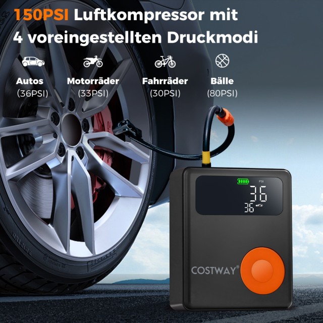 Costway 2000A 12V Εκκινητής Μπαταρίας Αυτοκινήτου με Ψηφιακό Φουσκωτήρα Ελαστικών 150PSI & Αεροσυμπιεστή & Οθόνη LED 13000mAh Powerbank AX10011