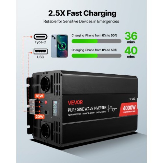 VEVOR Μετατροπέας Ισχύος 4000W, Καθαρού Ημιτόνου 12V DC σε 230V AC ... VEVOR Μετατροπέας Ισχύος 4000W, Καθαρού Ημιτόνου 12V DC σε 230V AC ...