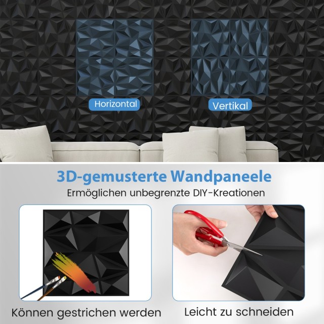 Costway 50 Τεμάχια 3D Πάνελ Τοίχου Διαμάντι Μαύρο 30x30 εκ 4,5τ.μ H...
