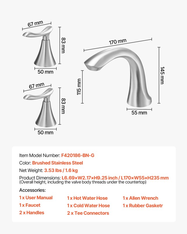 VEVOR Μπαταρία Μπανιέρας , 3 Οπών, Καταρράκτης, Ψηλής Καμάρας, Βουρ...