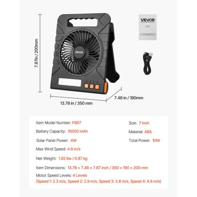 VEVOR Φορητός Ανεμιστήρας 10000mAh με Ηλιακή Φόρτιση & LED Φανάρι T...