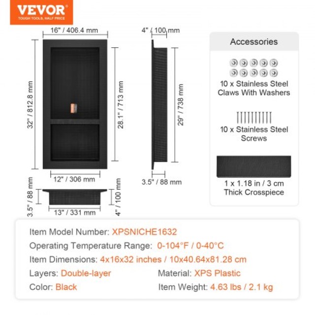 VEVOR Ντουλάπι Ντους για Πλακάκι 40.64 x 81.28 cm, Διπλό Ράφι, Μαύρ...