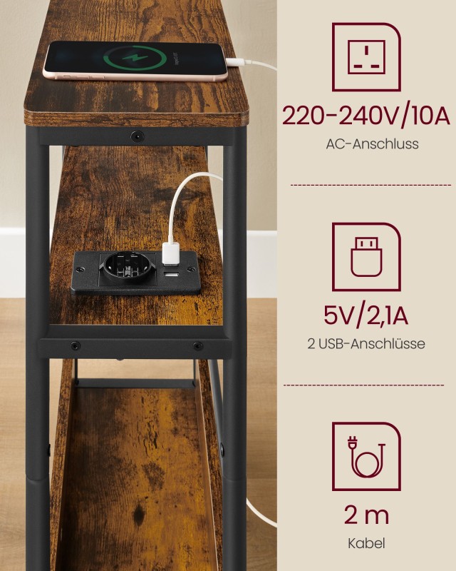 VASAGLE Λεπτό Τραπεζάκι Νυκτός 45x18x58cm με Πρίζα και USB Θύρες LET335K02