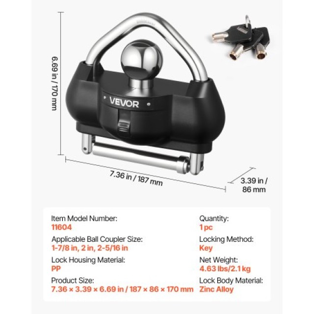 VEVOR Κλείδωμα Ρυμουλκούμενου με Αντικλεπτική Προστασία, Μαύρο CZSO...