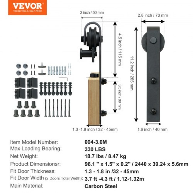 VEVOR Σετ Εξαρτημάτων Συρόμενης Πόρτας 8FT, για Διπλές Πόρτες, με Ομαλή & Αθόρυβη Τροχαλία GCYMWJTJHS8FLSQZJV0