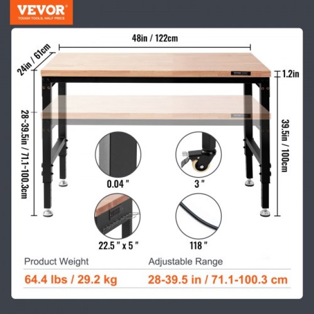 VEVOR  Ρυθμιζόμενος Πάγκος Εργασίας 48x24 με Πρίζα LDSGZTSM4824Z3Y15V2