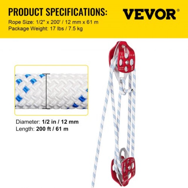 Διπλή Τροχαλία VEVOR με Σχοινί 1/2 x 200 (30-35KN)  SHLSJTZ12MM61MJLSV0