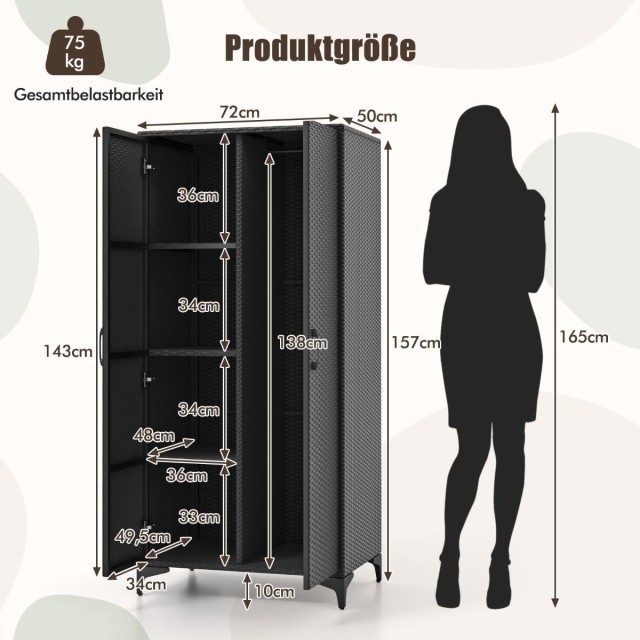 Costway  Πλεκτή Ντουλάπα Αποθήκευσης PE-Rattan με Ράγα & 4 Ράφια 72...