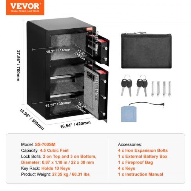 VEVOR Διπλή Πόρτα Χρηματοκιβώτιο 4.5 cu.ft με Κλειδαριά & Κωδικό, Ανθεκτική Τσάντα, Μαύρο  LMBXXLS452CU8Z59AV9