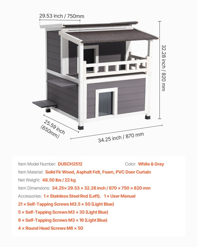 VEVOR Διόροφο Ξύλινο Σπίτι Γάτας με Μόνωση - Διαστάσεις 84x75x82 εκ...
