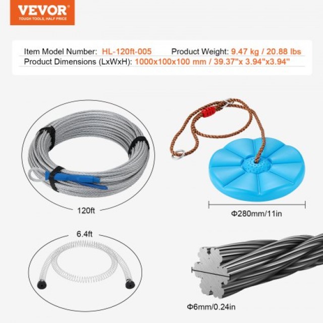VEVOR  Σετ Zipline για Παιδιά και Ενήλικες, 120 ft, Μέχρι 500 lb, Γρήγορη Εγκατάσταση, Ασφάλεια και Διασκέδαση στην Αυλή BXGHSTJ120YCSIINXV0
