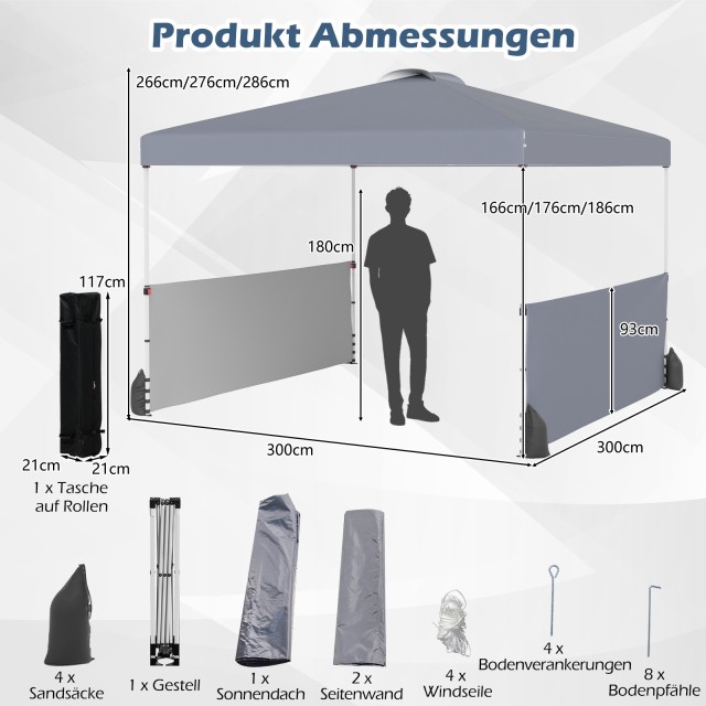 Costway  Αναδιπλούμενο Περίπτερο 3 x 3m με 2 Πλευρικούς Τοίχους & Τ...