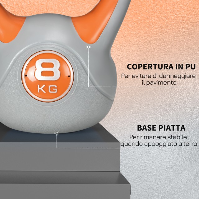 SPORTNOW Kettlebell 8kg σε PU και Sand με επίπεδη βάση και λαβή για Deadlifts, Squats και Lifts, 20x14x24 cm, Πορτοκαλί A91-255V03OG