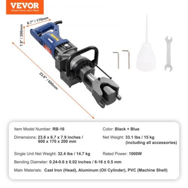 VEVOR  Ηλεκτρική Υδραυλική Μηχανή Κάμψης Οπλισμού 1000W έως 16mm ST...