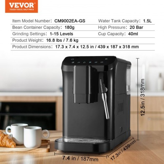 Αυτόματη Μηχανή Espresso VEVOR 20Bar με Ατμό & 15 Επίπεδα Άλεσης  QZDYSKFJDZQBSPH3WV2