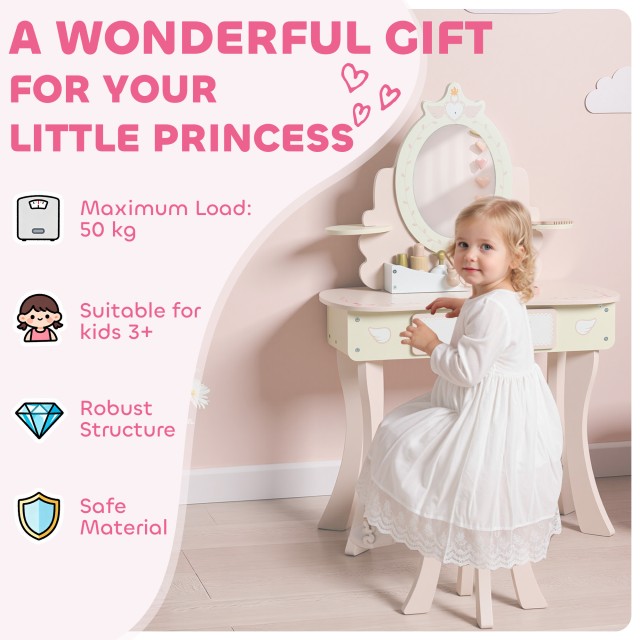 AIYAPLAY Σετ Τουαλέτας με Καθρέφτη και Σκαμπό Ξύλινο 2 σε 1 για Παι...