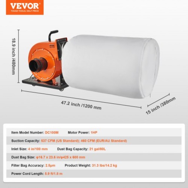 Συλλέκτης Σκόνης VEVOR 1HP 460 CFM με Σακούλα 21 Γαλόνια  JCQ1HPLSDTBD6SWIQV2