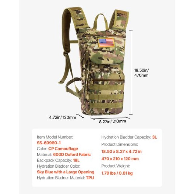 VEVOR Τακτικό Σακίδιο Πλάτης Molle με Υδροδοχείο 3L TPU για Ποδηλασία & Πεζοπορία ZSKSDBCPS000S9VYZV0