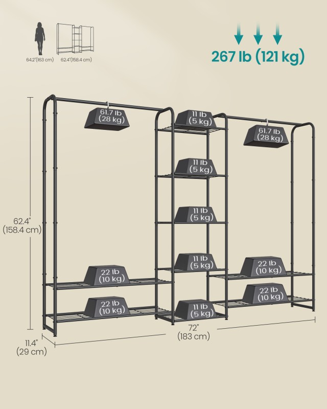 SONGMICS Μεταλλική Κρεμάστρα Ρούχων 29 x 183 x 158.4 cm με Ράφια Απ...