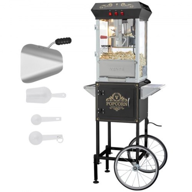 VEVOR  Μηχανή Παρασκευής Ποπκόρν με Καρότσι 850W 8 Oz 48 Κούπες Μαύρο CSBMHJ8OZ850NDZETV2