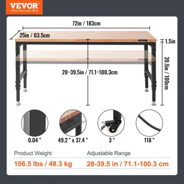VEVOR  Εργαστηριακός Πάγκος με Πρίζα 1361kg GZZS72X25INCH5B8CV2