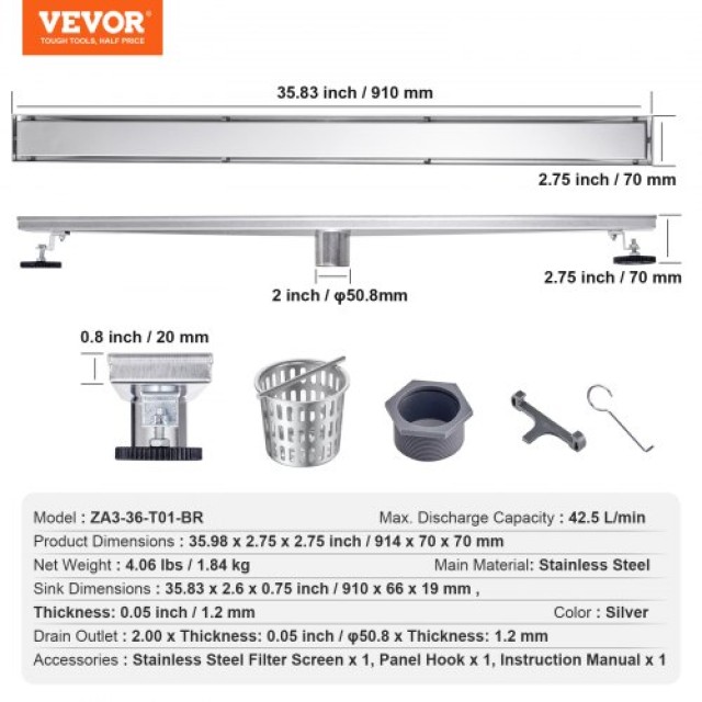 VEVOR  914mm Γραμμική Αποχέτευση Ντους με Κάλυμμα Πλακιδίων, Ανοξείδωτο Ατσάλι, Ασημί  XXPSGBXGYSCZDJTH1V0