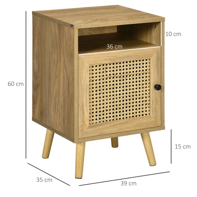 HOMCOM  Κομοδίνο για Υπνοδωμάτιο Στυλ Boho με Ντουλάπι και Ανοιχτό Ράφι από Ξύλο και Ρατάν, 39x35x60 εκ.  831-599V00ND