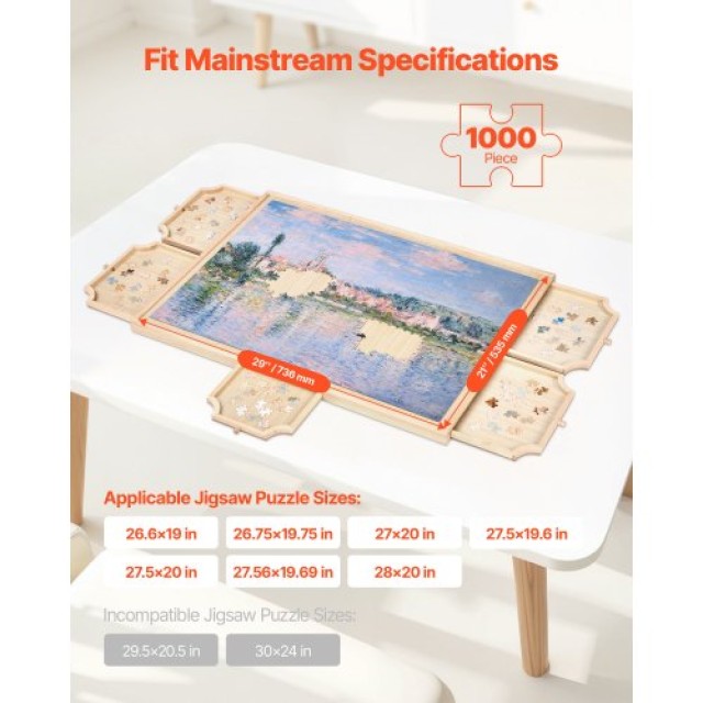 VEVOR Φορητό Ξύλινο Πλαίσιο Παζλ 1000 Κομματιών 74x53cm με Συρτάρια...