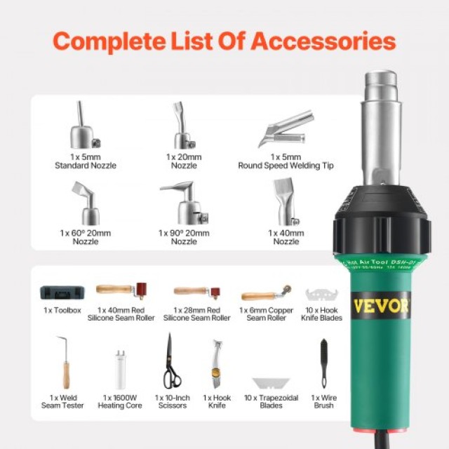 VEVOR  Πλαστικός Συγκολλητής Θερμού Αέρα 1600W με 17 Αξεσουάρ  PVCB...