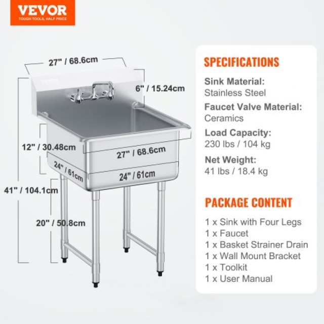 VEVOR Νεροχύτης Ανοξείδωτος Μονός με Βρύση, 27x41, Πιστοποίηση NSF  SYLSSCDCY2424TYZPV0