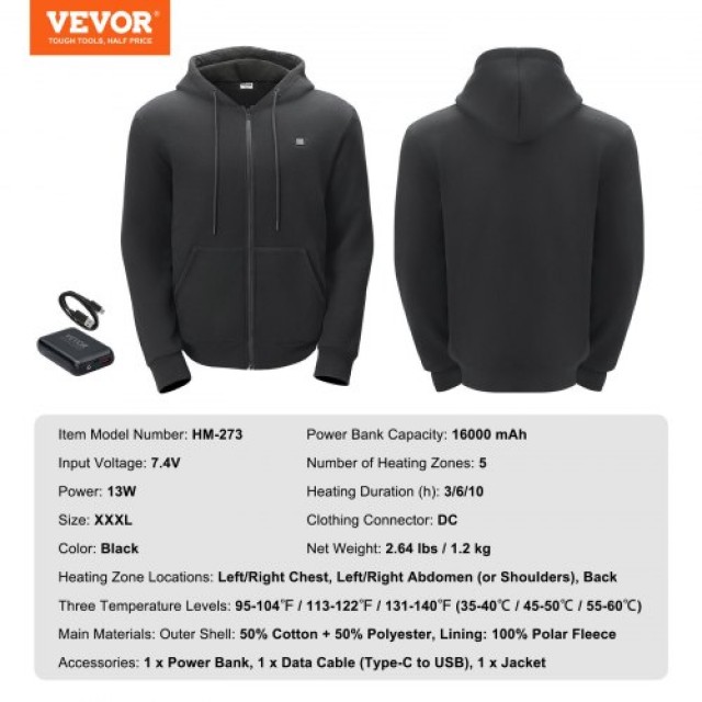 VEVOR  Θερμαινόμενο Φούτερ με Φερμουάρ Unisex με Μπαταρία XXXL JRWYLLSHSDDCWF44UV9