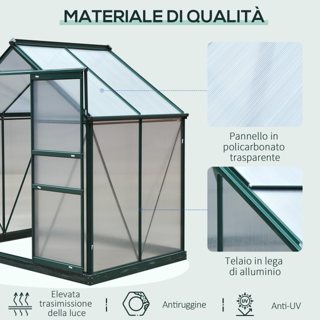Outsunny Polycarbonate Garden Garden Anti UV 190x132x201cm, Φυτικό Θερμοκήπιο με σκελετό αλουμινίου, παράθυρο και συρόμενη πόρτα 845-057
