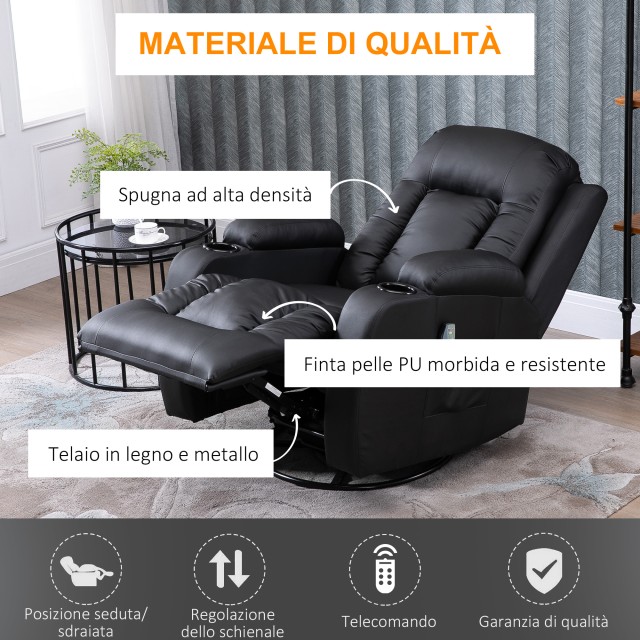 HOMCOM Χαλαρωτική Πολυθρόνα Ανακλινόμενη έως 150° από συνθετικό δέρμα με 8 Σημεία Μασάζ και Θέρμανσης, Μαύρο 700-050V92BK