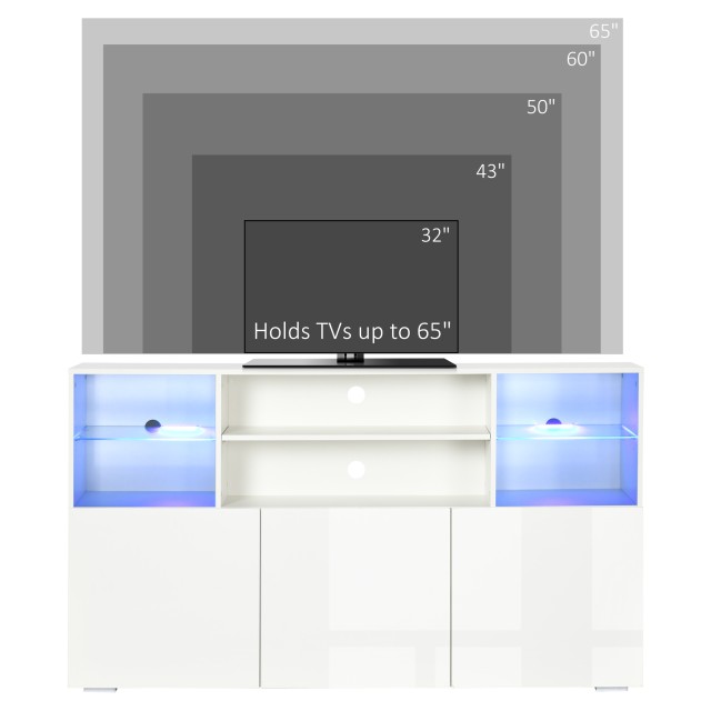 Έπιπλο τηλεόρασης HOMCOM έως 65 με φώτα LED και γυάλινα ράφια, 160x35x91cm, λευκό γυαλιστερό 839-566V90WT