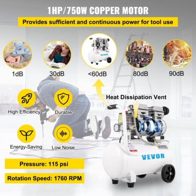Φορητός Αεροσυμπιεστής VEVOR 5.5 Γαλόνια, 1 HP, Αθόρυβος, 115 PSI  WSKYJ750-25L00001V2