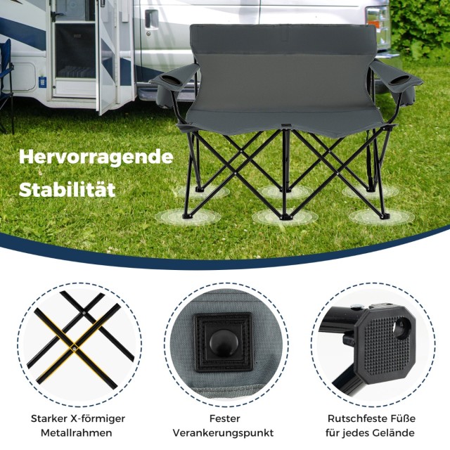 Costway Διθέσια Καρέκλα Camping 132x66x96 cm με Υψηλή Πλάτη και Πλατιά Μπράτσα  & Τσάντα Μεταφοράς Γκρι NP12404GR