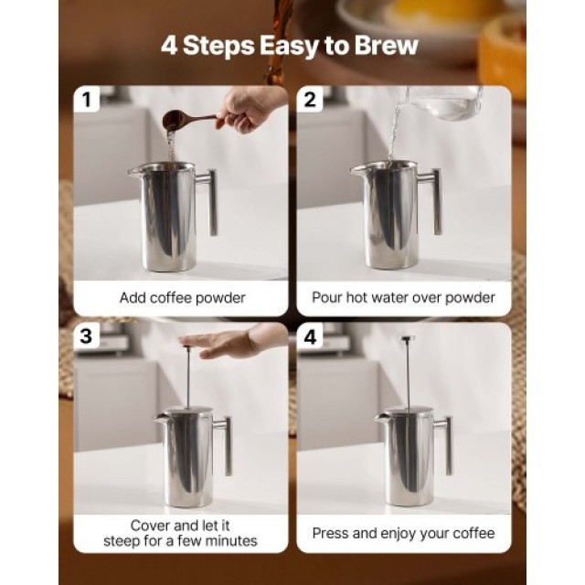 VEVOR Γαλλική Καφετιέρα 1L Ανοξείδωτο Ατσάλι Ασημί BXGKFYHBXGYSZP2F...
