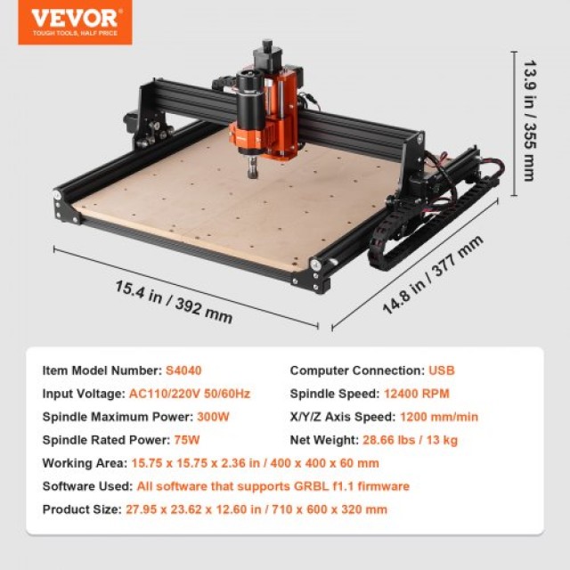 VEVOR  Μηχάνημα CNC Router 400x400x60mm, 300W, 3 Άξονες GRBL, 1200RPM, με Offline Controller για Ξύλο, Ακρυλικό, MDF, PVC, Πλαστικό Αφρό SKDKJ4040CM04TPDJV2