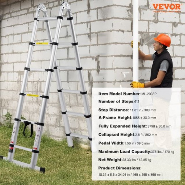 VEVOR Τηλεσκοπική Σκάλα Επέκτασης 12.5FT σε Σχήμα Α με Μπάρα Σταθεροποίησης για Τροχόσπιτο AZXSSLTNLSLK7NWR8V0