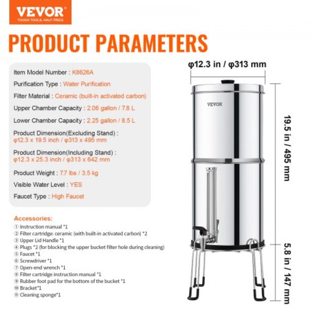 VEVOR  Σύστημα Φίλτρου Νερού Βαρύτητας 2.25G Ανοξείδωτο με 2 Φίλτρα...