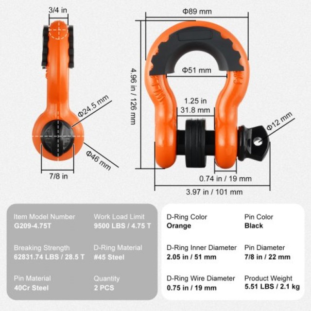 Σετ 2 Δακτυλίων D VEVOR 3/4 με Πείρο 7/8 Αντοχή 62832 lbs  JPXKHJG3...